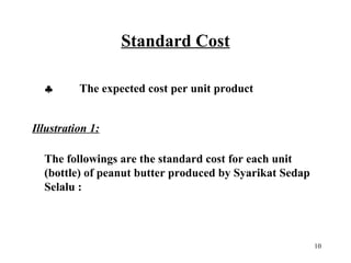 Standard Cost
♣

The expected cost per unit product

Illustration 1:
The followings are the standard cost for each unit
(bottle) of peanut butter produced by Syarikat Sedap
Selalu :

10

 