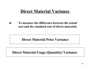 Direct Material Variance


To measure the difference between the actual
cost and the standard cost of direct materials.

Direct Material Price Variance

Direct Material Usage (Quantity) Variance
14

 