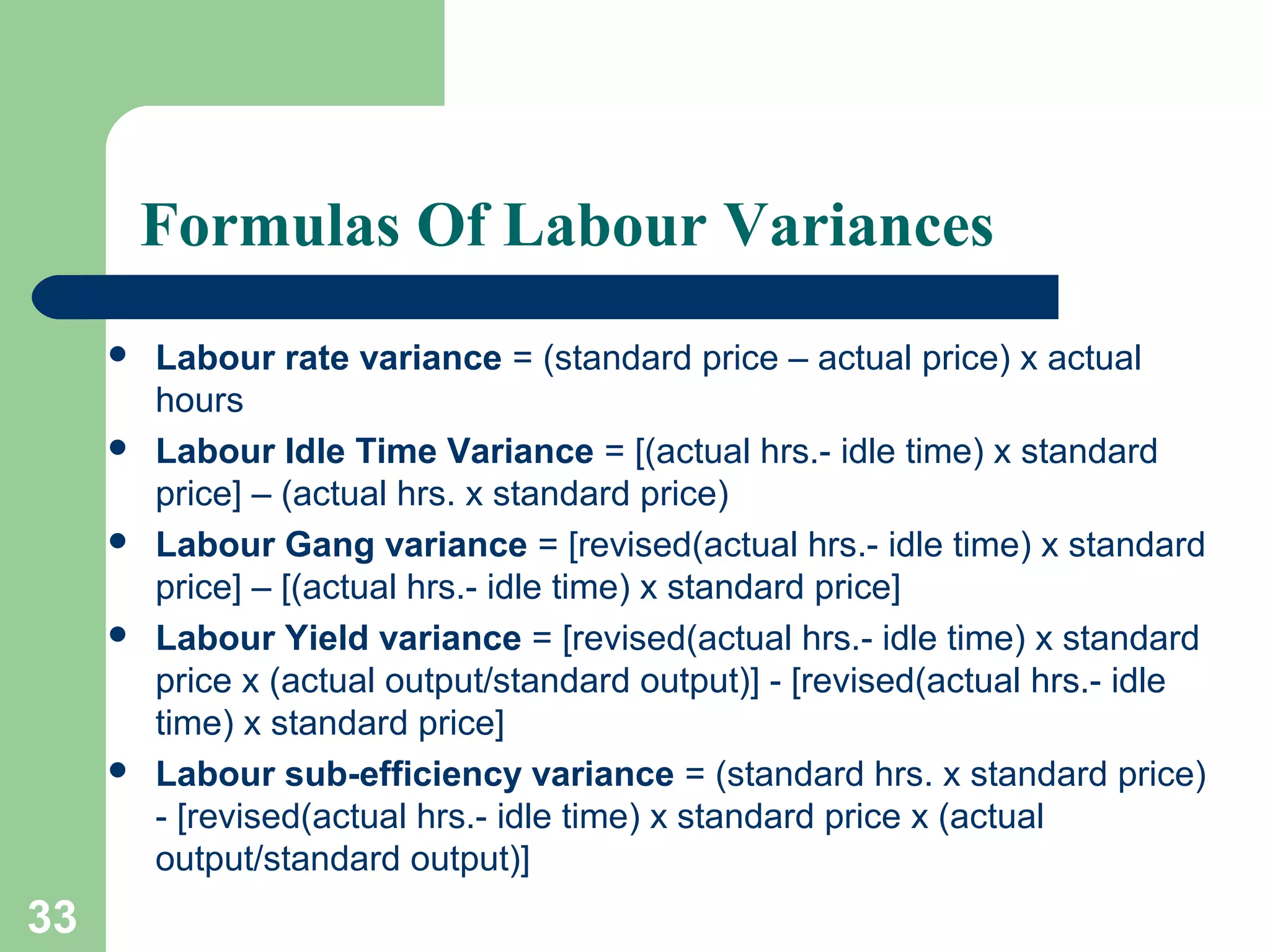 Formulas Of Labour Variances










33

Labour rate variance = (standard price – actual price) x actual
hours
Labour Idle Time Variance = [(actual hrs.- idle time) x standard
price] – (actual hrs. x standard price)
Labour Gang variance = [revised(actual hrs.- idle time) x standard
price] – [(actual hrs.- idle time) x standard price]
Labour Yield variance = [revised(actual hrs.- idle time) x standard
price x (actual output/standard output)] - [revised(actual hrs.- idle
time) x standard price]
Labour sub-efficiency variance = (standard hrs. x standard price)
- [revised(actual hrs.- idle time) x standard price x (actual
output/standard output)]

 