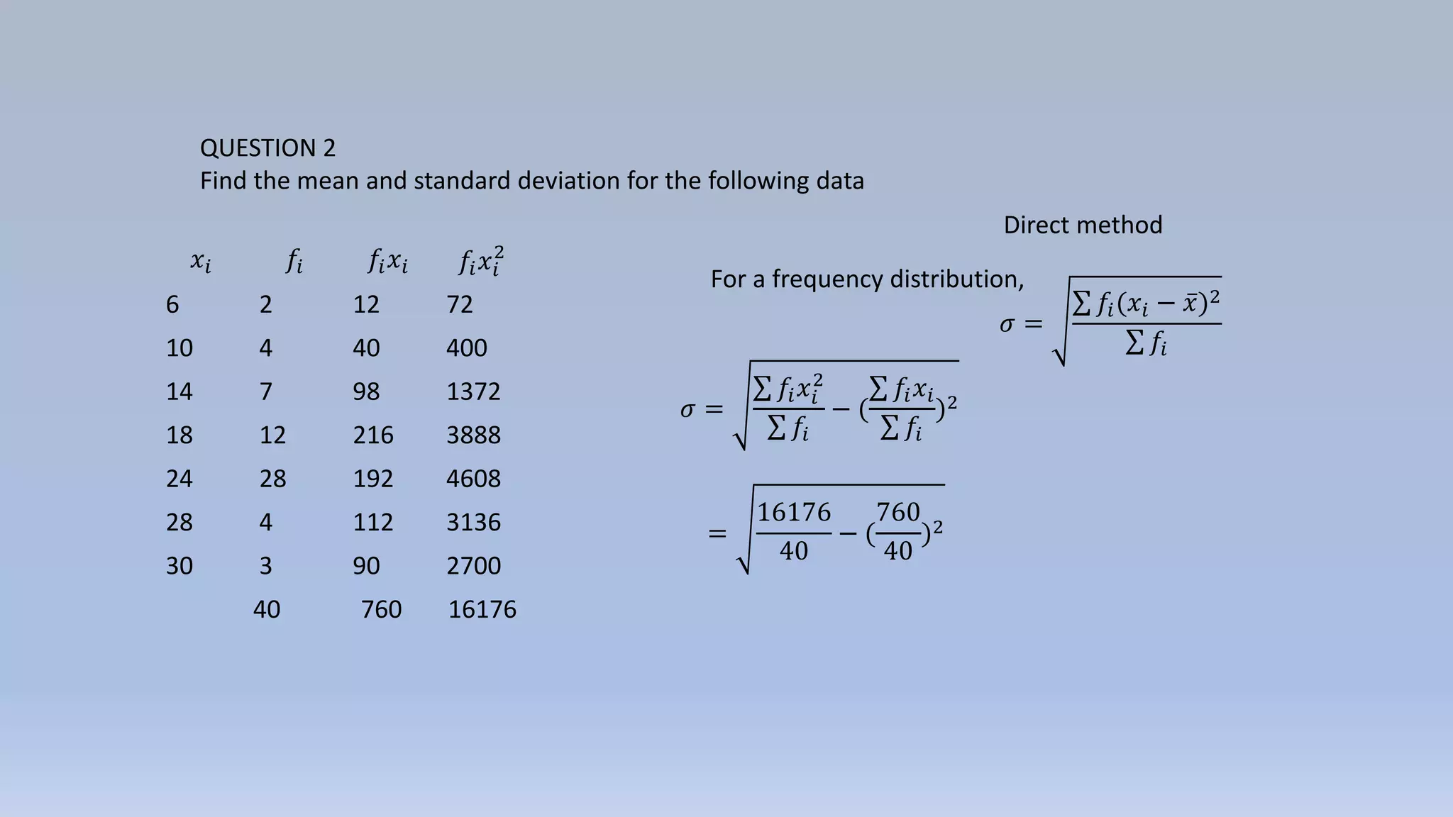 QUESTION 2
Find the mean and standard deviation for the following data
𝑥𝑖 𝑓𝑖 𝑓𝑖 𝑥𝑖 𝑓𝑖 𝑥𝑖
2
6 2 12 72
10 4 40 400
14 7 98 1372
18 12 216 3888
24 28 192 4608
28 4 112 3136
30 3 90 2700
40 760 16176
𝜎 =
𝑓𝑖 𝑥𝑖
2
𝑓𝑖
− (
𝑓𝑖 𝑥𝑖
𝑓𝑖
)2
=
16176
40
− (
760
40
)2
For a frequency distribution,
𝜎 =
𝑓𝑖(𝑥𝑖 − 𝑥)2
𝑓𝑖
Direct method
 