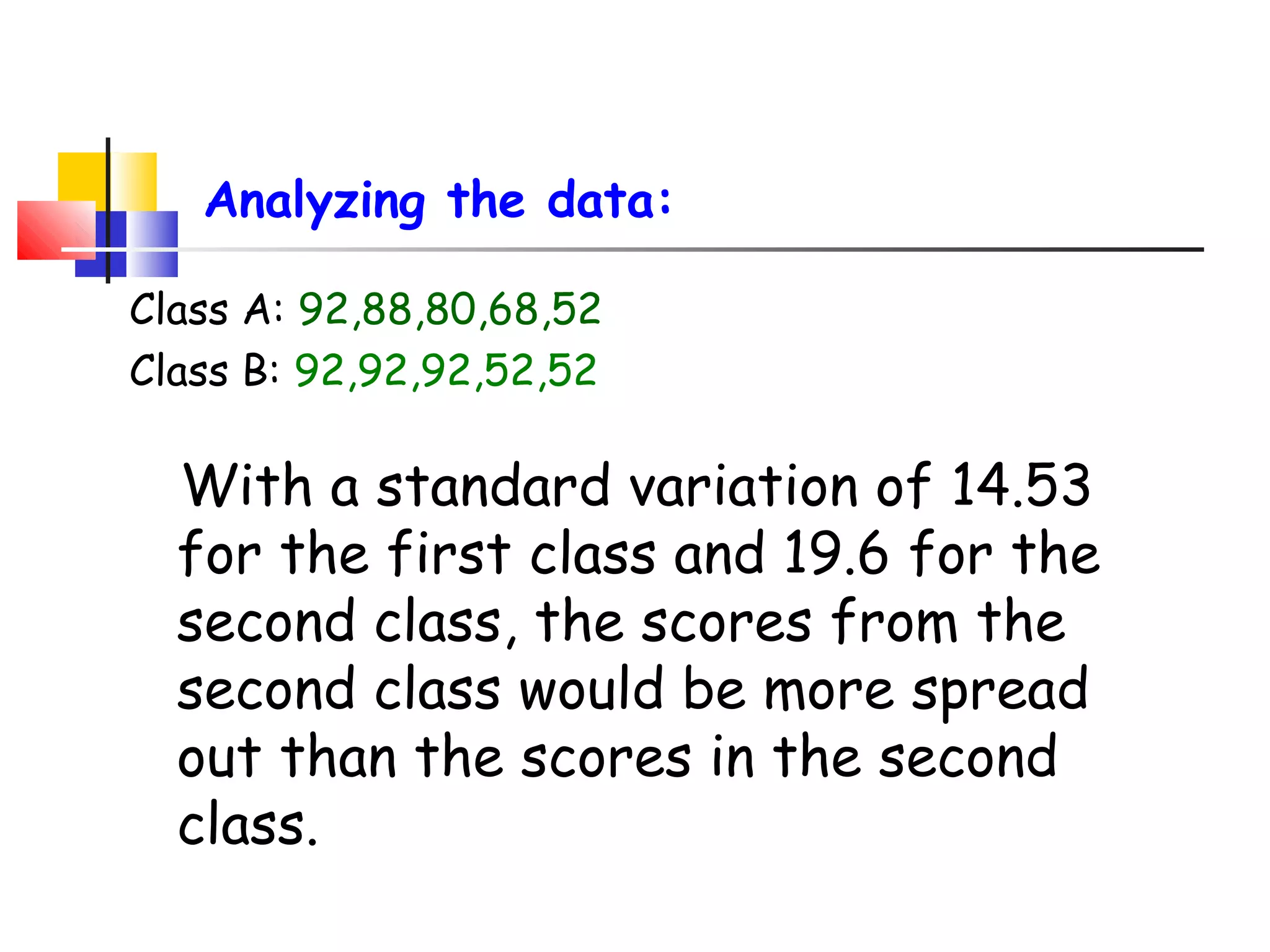 Analyzing the data:
Class A: 92,88,80,68,52
Class B: 92,92,92,52,52

With a standard variation of 14.53
for the first class and 19.6 for the
second class, the scores from the
second class would be more spread
out than the scores in the second
class.

 