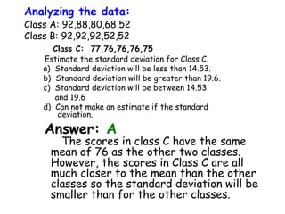 Analyzing the data:

Class A: 92,88,80,68,52
Class B: 92,92,92,52,52
Class C: 77,76,76,76,75
Estimate the standard deviation for Class C.
a) Standard deviation will be less than 14.53.
b) Standard deviation will be greater than 19.6.
c) Standard deviation will be between 14.53
and 19.6
d) Can not make an estimate if the standard
deviation.

Answer: A

The scores in class C have the same
mean of 76 as the other two classes.
However, the scores in Class C are all
much closer to the mean than the other
classes so the standard deviation will be
smaller than for the other classes.

 