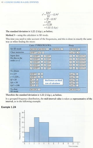: CCNCIST COURST IN A-LEVEL STATISTICS
, Lfxz .- ^. 1
s.: ,r _Q.g)'
Lt
= 1# _ (z.g)'
= L.49
t:"[t.+g
:1..22 (2 d.p)
The standard deviation is 1.22 (2 d.p.), as before.
Method 3 - using the calculator in SD mode.
This time you need to take account of the frequencies, and this is done in exactly the same
way as when finding the mean:
Casio 57i0W85 85ru Sherp
fiffiffi,Tpd€ lMop-EHMop-qFlFs.:lMO-p-EBl2l IMO-pTH-rI
rc64.6.4-q.;d'
W:SW#{qg. * ad${FTtr$S[rt:-l .-, i., , *
", ,*.:., n,,. iz',d 4:lEE, ."
E.,...X.,....tr....
tr,,trtr'
E,E_l_g_]jp?sl
trtrJEl
Input data
Dor,,this i",,.Ih*
or0er,, x x r
ffil..i#...l.
.il.
s... +.... t..tfl,ft.Sil,i,.
5f:*1,fl.$,:
Eft1.{..1.. 18,.'
E#*.*.....,..il.,
'8
.,
E.:.l ii:.ilE.:.ii:.tr:iiffi
E....ffi.,.,,H,iliH:.i
ffi...: l.,.. ..l.: lffi,
ffi'l.. '..'E..l..
.ffi.
mffil,E.ll.H
ffi.*'E.tH
ME.IRdI tr
lEdl@
Red Ietters on third
row of calculator
:lF rll l : l
$ ,.. ,
lrfoDEliE i,::i
Therefore the standard deviation is 1 .22
In a grouped frequency distribution, the
interval, as in the followi.rg example.
Example L.24
(2 d.p.), as before.
mid-interval value is taken as representative of the
30c)
+)
=C
'-
:2sCJ
c-
3)
=:-l
-3
.
U
(j
C
UJ
=crq(I)
lr
 