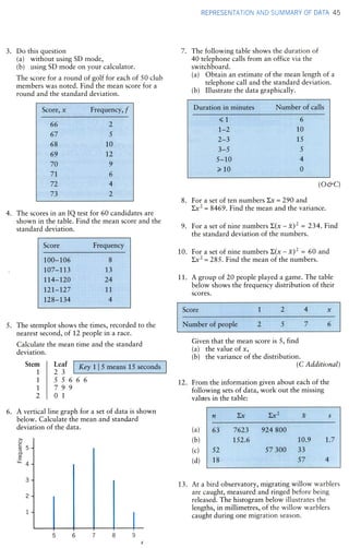 7.3. Do this question
(a) without using SD mode,
(b) using SD mode on your calculator.
The score for a round of golf for each of 50 club
members was noted. Find the mean score for a
round and the standard deviation.
SCore, x FrequbHeyr,f
$'$; 2
6:7 5
68 r0
69 1,2
709
7X, 6
724
732
The scores in an IQ test for
shown in the table. Find the
standard deviation.
50 candidates are
mean score and the
Score Frequency
100-10..5 ,Si
fi7 -11,3 13
n4-12A 24
tZ't'*I.2;7 1,,,1.
t28=134 4
The stemplot shows the times, recorded to the
nearest second, of 12 people in a race.
Calculate the mean time and the standard
deviation.
Kay..it :.I .5:i :: U.S :.t5,.:.lsecotd3
66
A vertical line graph for a set of data is shown
below. Calculate the mean and standard
deviation of the data.
REPRESENTATION AND SUMMARY OF DATA 45
The following table shows the duration of
40 telephone calls from an office via the
switchboard.
(a) Obtain an estimate of the mean length of a
telephone call and the standard deviation.
(b) Illustrate the data graphically.
D.UretiOn:,,in',:::m[fifite$, .,Nuffi:b r:,,.::o.f::;lica[l$
(..,.["'ll'.l
:::: :: :::: : ::
:
"'
! !j" i...b
a-l
L-r 15
3 5 5
S;.fl..S ', '4
F.l.,il.'0. ,0
(o6c)
For a set of ten numbers Zx - 290 and
Lxz : 8469. Find the mean and the variance.
For a set of nine numbers I(r - x)z : 234. Find
the standard deviation of the numbers.
For a set of nine numbers I(r - *)z : 60 and
Lxz :285. Find the mean of the numbers.
A group of 20 people played a game. The table
below shows the frequency distribution of their
scores.
Score 1 7. 4 x
Given that the mean score is 5, find
(a) the value of x,
(b) the variance of the distribution.
(C Additional)
12. From the information given about each of the
following sets of data, work out the missing
values in the table:
)-Ex Ex' x
r5i.6 !A.9 1.7
52 $..firl..fi.b ...,. 3i
18 5v 4
At a bird observatory, migrating willow warblers
are caught, measured and ringed before being
released. The histogram below illustrates the
lengths, in millimetres, of the willow warblers
caught during one migration season.
4.
8.
9.
10.
11.
5.
Stem
1
1
1
2
Leaf
23
556
799
01,
6.
(J
alb
=(,(.)
L
'L 4
(a)
(b)
(c)
(d)
13.
 