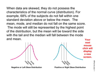When data are skewed, they do not possess the characteristics of the normal curve (distribution). For example, 68% of the subjects do not fall within one standard deviation above or below the mean.  The mean, mode, and median do not fall on the same score.  The mode will still be represented by the highest point of the distribution, but the mean will be toward the side with the tail and the median will fall between the mode and mean. Your next mouse click will display a new screen. mean median mode Negative or Left Skew Distribution mean median mode Positive or Right Skew Distribution 