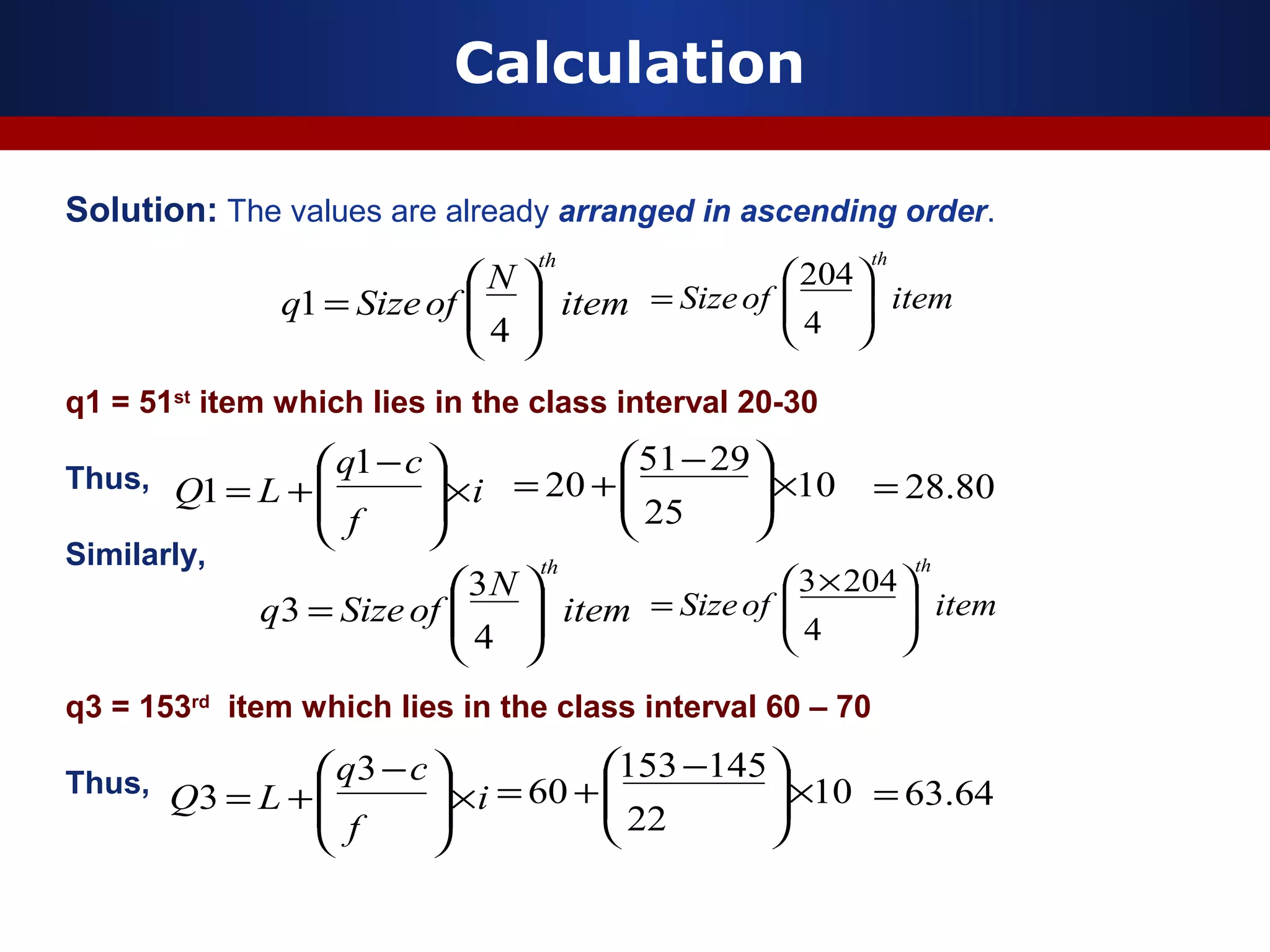 Calculation
Solution: The values are already arranged in ascending order.
q1 = 51st
item which lies in the class interval 20-30
Thus,
Similarly,
q3 = 153rd
item which lies in the class interval 60 – 70
Thus,
item
N
ofSizeq
th






=
4
1 itemofSize
th






=
4
204
i
f
cq
LQ ×






 −
+=
1
1 10
25
2951
20 ×




 −
+= 80.28=
item
N
ofSizeq
th






=
4
3
3 itemofSize
th





 ×
=
4
2043
i
f
cq
LQ ×






 −
+=
3
3 10
22
145153
60 ×




 −
+= 64.63=
 