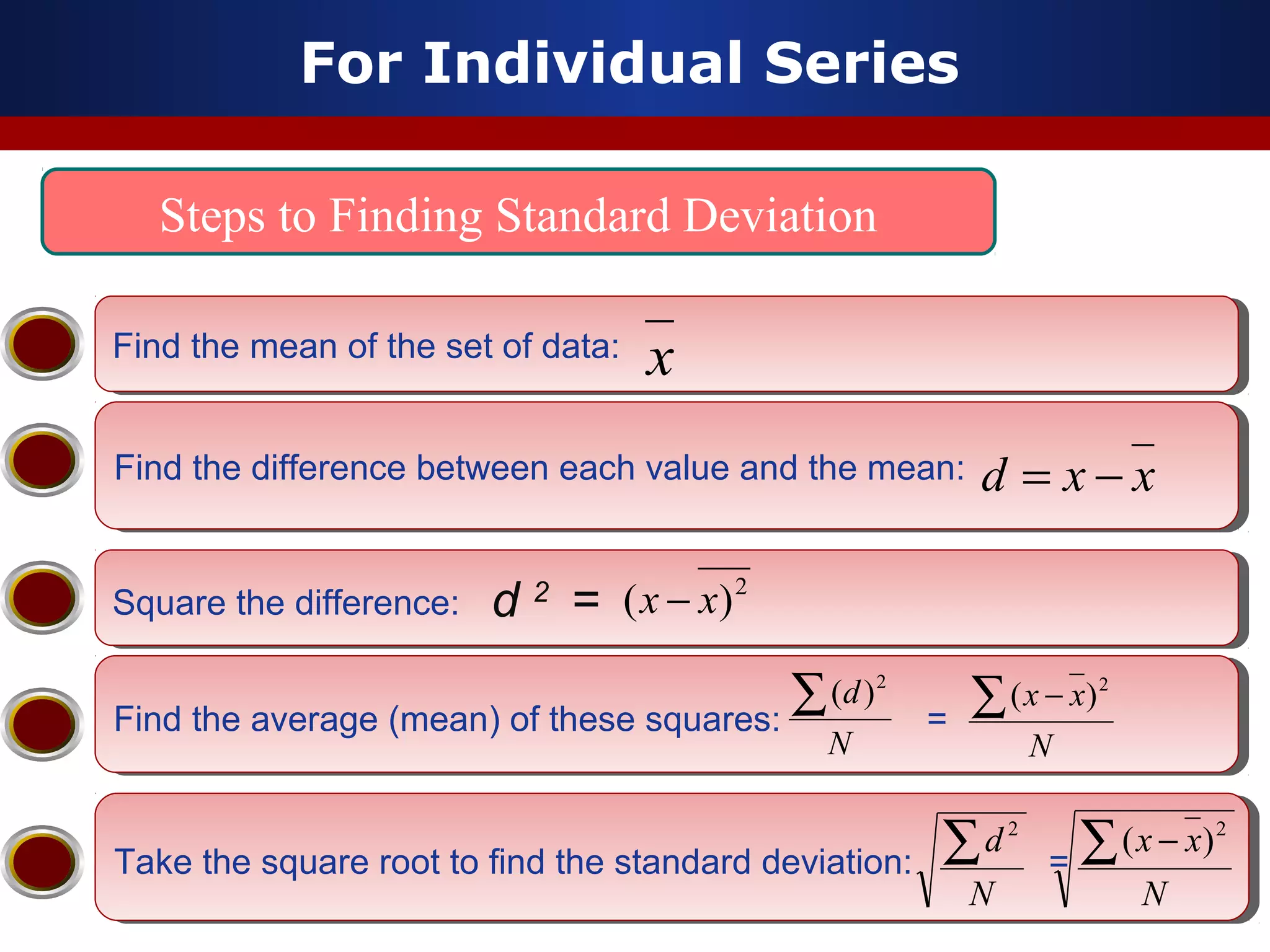 For Individual Series
Steps to Finding Standard Deviation
Find the mean of the set of data:Find the mean of the set of data:
Find the difference between each value and the mean:Find the difference between each value and the mean:
x
Square the difference:Square the difference:
Find the average (mean) of these squares:Find the average (mean) of these squares:
N
xx∑ − 2
)(
Take the square root to find the standard deviation:Take the square root to find the standard deviation:
N
xx∑ − 2
)(
2
)( xx −
xx −
Find the mean of the set of data:Find the mean of the set of data:
Find the difference between each value and the mean:Find the difference between each value and the mean:
x
Square the difference:Square the difference:
Find the average (mean) of these squares: =Find the average (mean) of these squares: =
N
xx∑ − 2
)(
Take the square root to find the standard deviation: =Take the square root to find the standard deviation: =
N
xx∑ − 2
)(
xxd −=
d 2
= 2
)( xx −
N
d∑ 2
N
d∑ 2
)(
 
