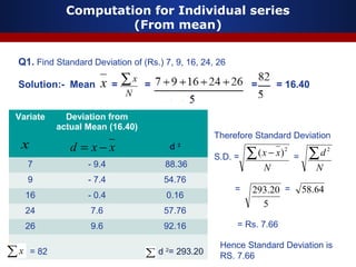 Computation for Individual series
(From mean)
Q1. Find Standard Deviation of (Rs.) 7, 9, 16, 24, 26
Solution:- Mean = = = = 16.40
Variate Deviation from
actual Mean (16.40)
d 2
7 - 9.4 88.36
9 - 7.4 54.76
16 - 0.4 0.16
24 7.6 57.76
26 9.6 92.16
= 82 d 2
= 293.20
x
N
x∑
xxd −=
N
d∑ 2
N
xx∑ − 2
)(
Therefore Standard Deviation
S.D. = =
= =
5
20.293 64.58
= Rs. 7.66
Hence Standard Deviation is
RS. 7.66
x
 