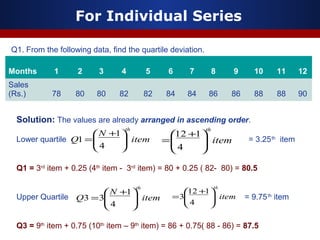 For Individual Series
Q1. From the following data, find the quartile deviation.
Months 1 2 3 4 5 6 7 8 9 10 11 12
Sales
(Rs.) 78 80 80 82 82 84 84 86 86 88 88 90
Solution: The values are already arranged in ascending order.
Lower quartile = 3.25th
item
Q1 = 3rd
item + 0.25 (4th
item - 3rd
item) = 80 + 0.25 ( 82- 80) = 80.5
Upper Quartile = 9.75th
item
Q3 = 9th
item + 0.75 (10th
item – 9th
item) = 86 + 0.75( 88 - 86) = 87.5
item
N
Q
th





 +
=
4
1
1
item
N
Q
th





 +
=
4
1
33
item
th





 +
=
4
112
item
th





 +
=
4
112
3
 