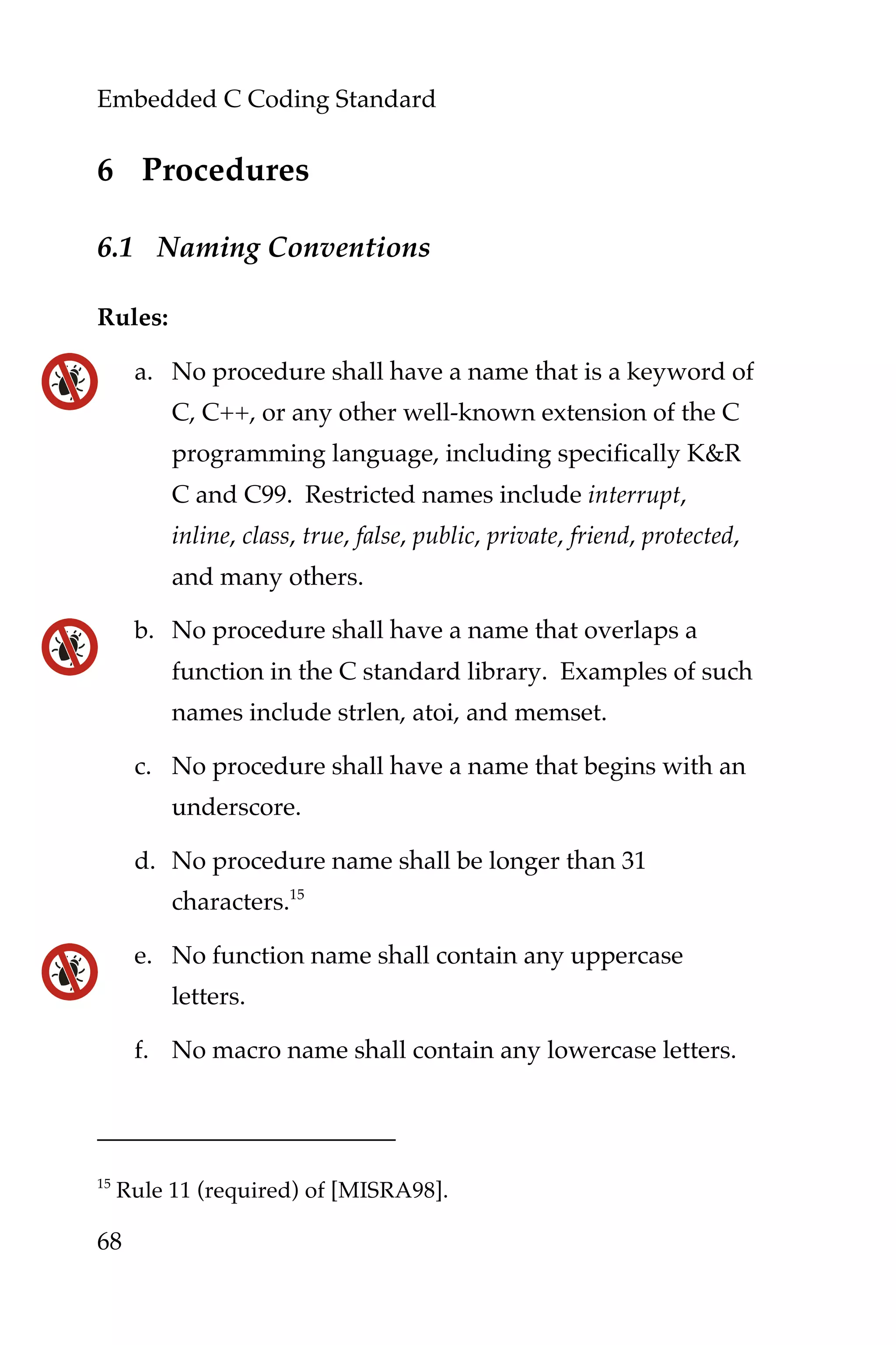 Embedded C Coding Standard
68
6 Procedures
6.1 Naming Conventions
Rules:
a. No procedure shall have a name that is a keyword of
C, C++, or any other well-known extension of the C
programming language, including specifically K&R
C and C99. Restricted names include interrupt,
inline, class, true, false, public, private, friend, protected,
and many others.
b. No procedure shall have a name that overlaps a
function in the C standard library. Examples of such
names include strlen, atoi, and memset.
c. No procedure shall have a name that begins with an
underscore.
d. No procedure name shall be longer than 31
characters.15
e. No function name shall contain any uppercase
letters.
f. No macro name shall contain any lowercase letters.
15
Rule 11 (required) of [MISRA98].
 