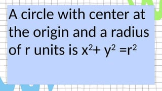 A circle with center at
the origin and a radius
of r units is x2
+ y2
=r2
 