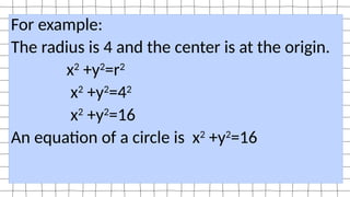 For example:
The radius is 4 and the center is at the origin.
x2
+y2
=r2
x2
+y2
=42
x2
+y2
=16
An equation of a circle is x2
+y2
=16
 
