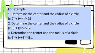 For example:
1. Determine the center and the radius of a circle
(x-2)2
+ (y-4)2
=25
2. Determine the center and the radius of a circle
(x-5)2
+ (y-6)2
=36.
3. Determine the center and the radius of a circle
(x-3)2
+ (y+3)2
=81.
 