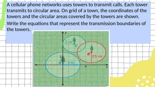 A cellular phone networks uses towers to transmit calls. Each tower
transmits to circular area. On grid of a town, the coordinates of the
towers and the circular areas covered by the towers are shown.
Write the equations that represent the transmission boundaries of
the towers.
 