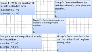 Group 1 – Write the equation of
a circle in standard form.
a. center (5,3) r=5
b. center (3,2) r=7
Group 4 – Write the equation of a circle
in standard form.
a. center (2,2) r=7
b. center (7,3) r=5
Group 2 – Determine the center and
the radius of a circle given the
equation.
a.
b.
Group 5- Determine the center
and the radius of a circle given
the equation.
1.
2.
Group 3- Determine the center
and the radius of a circle given the
equation.
1.
2.
 