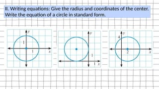 II. Writing equations: Give the radius and coordinates of the center.
Write the equation of a circle in standard form.
 