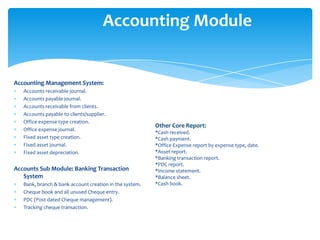 Accounting Module


Accounting Management System:
   Accounts receivable journal.
   Accounts payable journal.
   Accounts receivable from clients.
   Accounts payable to clients/supplier.
   Office expense type creation.
                                                         Other Core Report:
   Office expense journal.
                                                         *Cash received.
   Fixed asset type creation.                            *Cash payment.
   Fixed asset journal.                                  *Office Expense report by expense type, date.
   Fixed asset depreciation.                             *Asset report.
                                                         *Banking transaction report.
                                                         *PDC report.
Accounts Sub Module: Banking Transaction                 *Income statement.
   System                                                *Balance sheet.
   Bank, branch & bank account creation in the system.   *Cash book.
   Cheque book and all unused Cheque entry.
   PDC (Post dated Cheque management).
   Tracking cheque transaction.
 