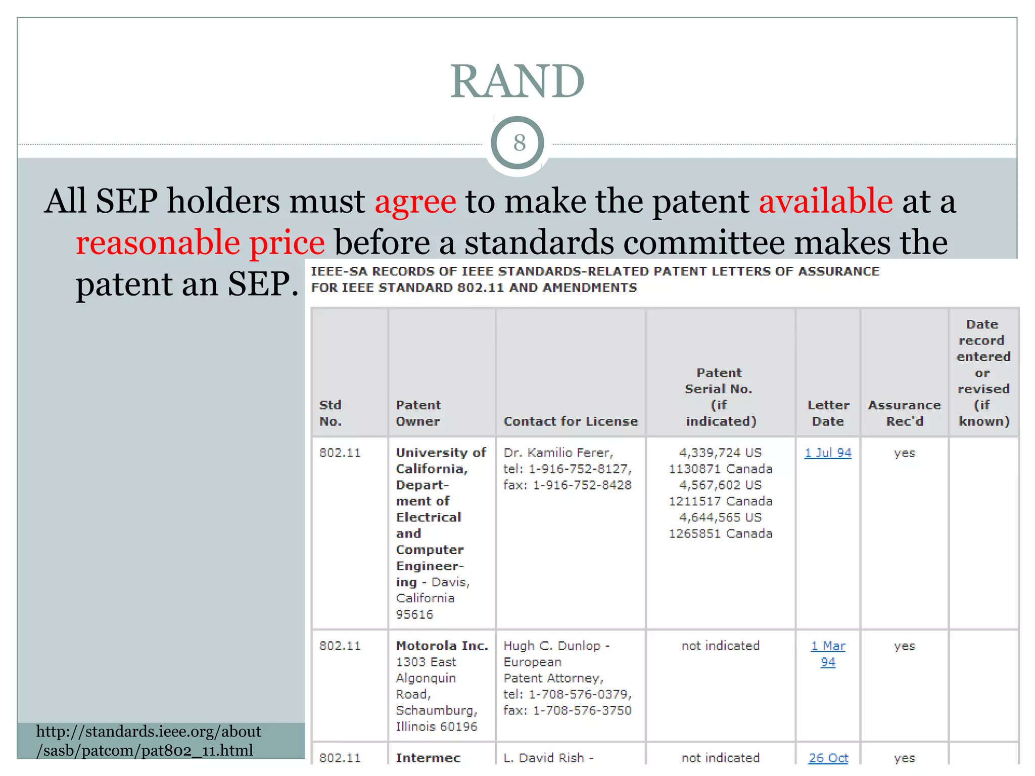 RAND
8

All SEP holders must agree to make the patent available at a
reasonable price before a standards committee makes the
patent an SEP.

http://standards.ieee.org/about
/sasb/patcom/pat802_11.html

 