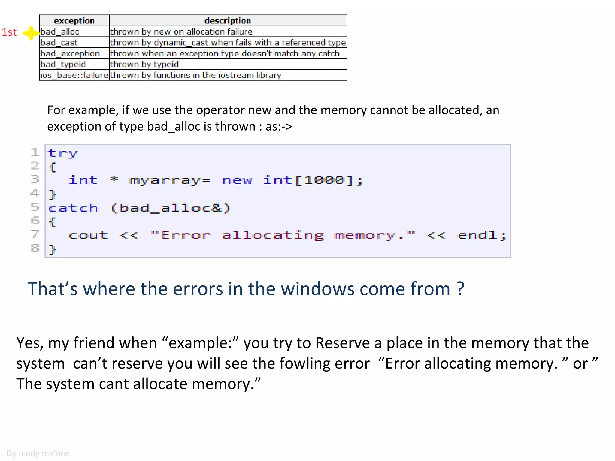 For example, if we use the operator new and the memory cannot be allocated, an
        exception of type bad_alloc is thrown : as:->




    That’s where the errors in the windows come from ?

  Yes, my friend when “example:” you try to Reserve a place in the memory that the
  system can’t reserve you will see the fowling error “Error allocating memory. ” or ”
  The system cant allocate memory.”


By mody ma’ane
 
