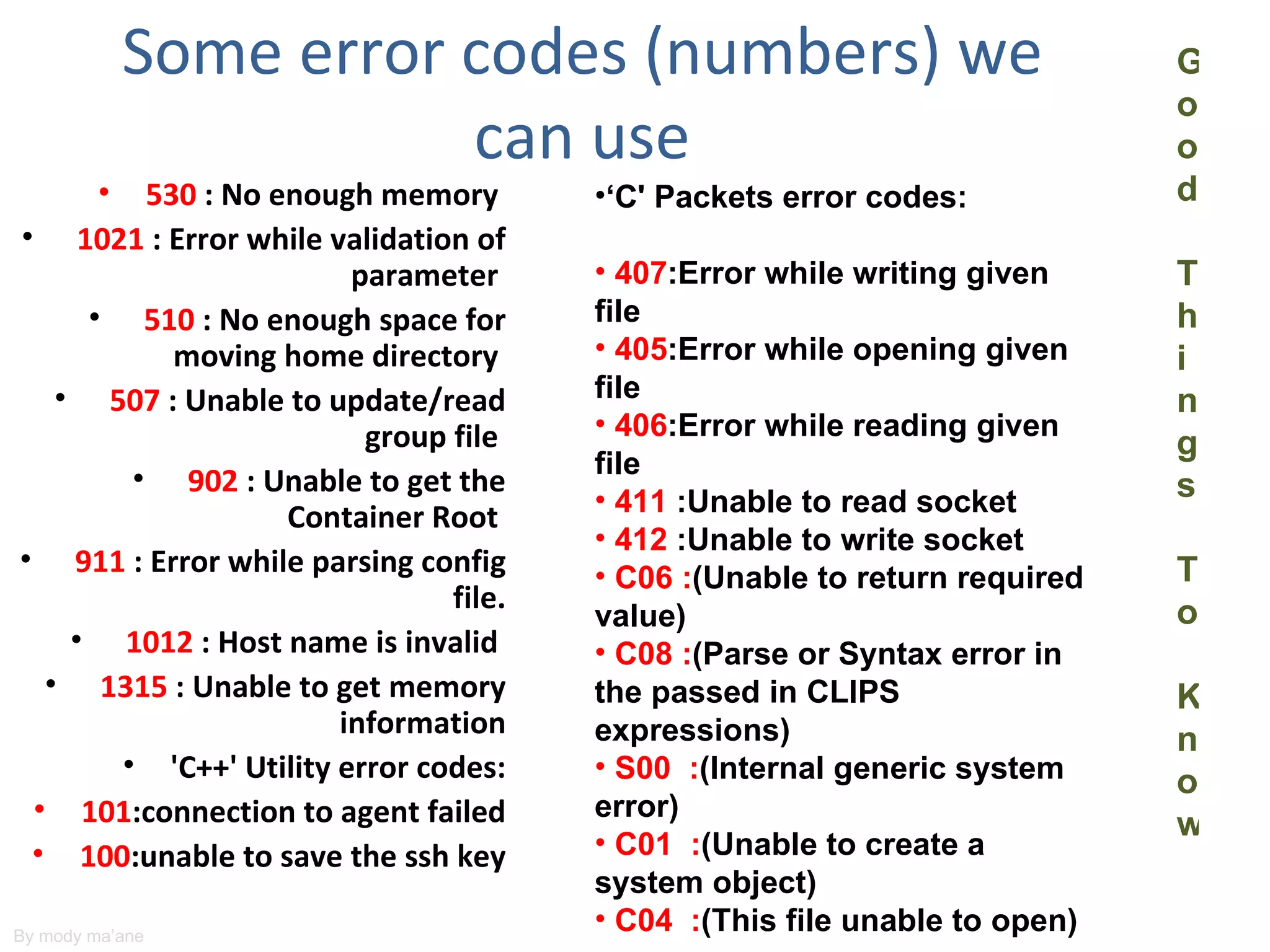Some error codes (numbers) we                                   G
                                                                           o
                      can use                                              o
      • 530 : No enough memory         •‘C' Packets error codes:           d
• 1021 : Error while validation of
                        parameter      • 407:Error while writing given     T
     • 510 : No enough space for       file                                h
          moving home directory        • 405:Error while opening given     i
   • 507 : Unable to update/read       file                                n
                         group file    • 406:Error while reading given
                                                                           g
        • 902 : Unable to get the      file
                                       • 411 :Unable to read socket        s
                  Container Root
                                       • 412 :Unable to write socket
• 911 : Error while parsing config     • C06 :(Unable to return required   T
                               file.                                       o
                                       value)
    • 1012 : Host name is invalid      • C08 :(Parse or Syntax error in
  • 1315 : Unable to get memory        the passed in CLIPS                 K
                       information     expressions)                        n
       • 'C++' Utility error codes:    • S00 :(Internal generic system
                                                                           o
 • 101:connection to agent failed      error)
                                                                           w
 • 100:unable to save the ssh key      • C01 :(Unable to create a
                                       system object)
By mody ma’ane
                                       • C04 :(This file unable to open)
 