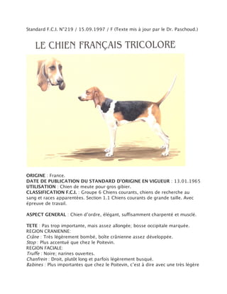 Standard F.C.I. N°219 / 15.09.1997 / F (Texte mis à jour par le Dr. Paschoud.)




ORIGINE : France.
DATE DE PUBLICATION DU STANDARD D’ORIGINE EN VIGUEUR : 13.01.1965
UTILISATION : Chien de meute pour gros gibier.
CLASSIFICATION F.C.I. : Groupe 6 Chiens courants, chiens de recherche au
sang et races apparentées. Section 1.1 Chiens courants de grande taille. Avec
épreuve de travail.

ASPECT GENERAL : Chien d’ordre, élégant, suffisamment charpenté et musclé.

TETE : Pas trop importante, mais assez allongée; bosse occipitale marquée.
REGION CRANIENNE:
Crâne : Très légèrement bombé, boîte crânienne assez développée.
Stop : Plus accentué que chez le Poitevin.
REGION FACIALE:
Truffe : Noire; narines ouvertes.
Chanfrein : Droit, plutôt long et parfois légèrement busqué.
Babines : Plus importantes que chez le Poitevin, c’est à dire avec une très légère
 
