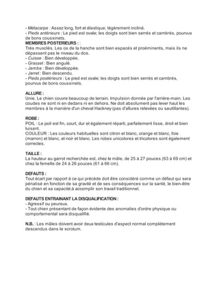 - Métacarpe : Assez long, fort et élastique; légèrement incliné.
- Pieds antérieurs : Le pied est ovale; les doigts sont bien serrés et cambrés, pourvus
de bons coussinets.
MEMBRES POSTERIEURS : :
Très musclés. Les os de la hanche sont bien espacés et proéminents, mais ils ne
dépassent pas le niveau du dos.
- Cuisse : Bien développée.
- Grasset : Bien angulé.
- Jambe : Bien développée.
- Jarret : Bien descendu.
- Pieds postérieurs : Le pied est ovale; les doigts sont bien serrés et cambrés,
pourvus de bons coussinets.

ALLURE :
Unie. Le chien couvre beaucoup de terrain. Impulsion donnée par l'arrière-main. Les
coudes ne sont ni en dedans ni en dehors. Ne doit absolument pas lever haut les
membres à la manière d'un cheval Hackney (pas d'allures relevées ou sautillantes).

ROBE :
POIL : Le poil est fin, court, dur et également réparti, parfaitement lisse, droit et bien
luisant.
COULEUR : Les couleurs habituelles sont citron et blanc, orange et blanc, foie
(marron) et blanc, et noir et blanc. Les robes unicolores et tricolores sont également
correctes.

TAILLE :
La hauteur au garrot recherchée est, chez le mâle, de 25 à 27 pouces (63 à 69 cm) et
chez la femelle de 24 à 26 pouces (61 à 66 cm).

DEFAUTS :
Tout écart par rapport à ce qui précède doit être considéré comme un défaut qui sera
pénalisé en fonction de sa gravité et de ses conséquences sur la santé, le bien-être
du chien et sa capacité;à accomplir son travail traditionnel.

DEFAUTS ENTRAINANT LA DISQUALIFICATION :
- Agressif ou peureux.
- Tout chien présentant de façon évidente des anomalies d'ordre physique ou
comportemental sera disqualifié.

N.B. : Les mâles doivent avoir deux testicules d'aspect normal complètement
descendus dans le scrotum.
 