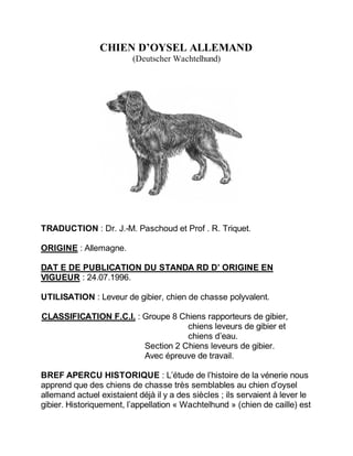 CHIEN D’OYSEL ALLEMAND
                          (Deutscher Wachtelhund)




TRADUCTION : Dr. J.-M. Paschoud et Prof . R. Triquet.

ORIGINE : Allemagne.

DAT E DE PUBLICATION DU STANDA RD D’ ORIGINE EN
VIGUEUR : 24.07.1996.

UTILISATION : Leveur de gibier, chien de chasse polyvalent.

CLASSIFICATION F.C.I. : Groupe 8 Chiens rapporteurs de gibier,
                                   chiens leveurs de gibier et
                                   chiens d’eau.
                        Section 2 Chiens leveurs de gibier.
                        Avec épreuve de travail.

BREF APERCU HISTORIQUE : L’étude de l’histoire de la vénerie nous
apprend que des chiens de chasse très semblables au chien d’oysel
allemand actuel existaient déjà il y a des siècles ; ils servaient à lever le
gibier. Historiquement, l’appellation « Wachtelhund » (chien de caille) est
 