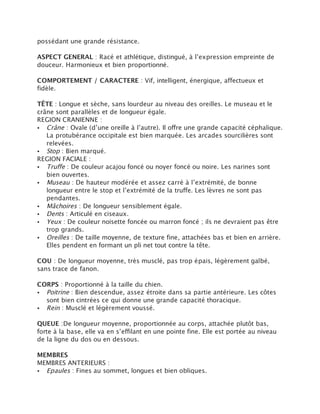 possédant une grande résistance.

ASPECT GENERAL : Racé et athlétique, distingué, à l’expression empreinte de
douceur. Harmonieux et bien proportionné.

COMPORTEMENT / CARACTERE : Vif, intelligent, énergique, affectueux et
fidèle.

TÊTE : Longue et sèche, sans lourdeur au niveau des oreilles. Le museau et le
crâne sont parallèles et de longueur égale.
REGION CRANIENNE :
• Crâne : Ovale (d’une oreille à l’autre). Il offre une grande capacité céphalique.
   La protubérance occipitale est bien marquée. Les arcades sourcilières sont
   relevées.
• Stop : Bien marqué.
REGION FACIALE :
• Truffe : De couleur acajou foncé ou noyer foncé ou noire. Les narines sont
   bien ouvertes.
• Museau : De hauteur modérée et assez carré à l’extrémité, de bonne
   longueur entre le stop et l’extrémité de la truffe. Les lèvres ne sont pas
   pendantes.
• Mâchoires : De longueur sensiblement égale.
• Dents : Articulé en ciseaux.
• Yeux : De couleur noisette foncée ou marron foncé ; ils ne devraient pas être
   trop grands.
• Oreilles : De taille moyenne, de texture fine, attachées bas et bien en arrière.
   Elles pendent en formant un pli net tout contre la tête.

COU : De longueur moyenne, très musclé, pas trop épais, légèrement galbé,
sans trace de fanon.

CORPS : Proportionné à la taille du chien.
• Poitrine : Bien descendue, assez étroite dans sa partie antérieure. Les côtes
  sont bien cintrées ce qui donne une grande capacité thoracique.
• Rein : Musclé et légèrement voussé.

QUEUE :De longueur moyenne, proportionnée au corps, attachée plutôt bas,
forte à la base, elle va en s’effilant en une pointe fine. Elle est portée au niveau
de la ligne du dos ou en dessous.

MEMBRES
MEMBRES ANTERIEURS :
• Epaules : Fines au sommet, longues et bien obliques.
 