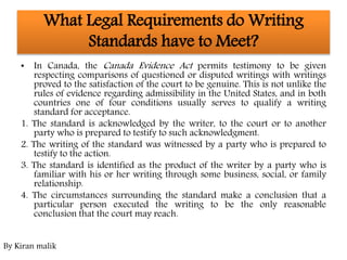 What Legal Requirements do Writing
Standards have to Meet?
• In Canada, the Canada Evidence Act permits testimony to be given
respecting comparisons of questioned or disputed writings with writings
proved to the satisfaction of the court to be genuine. This is not unlike the
rules of evidence regarding admissibility in the United States, and in both
countries one of four conditions usually serves to qualify a writing
standard for acceptance.
1. The standard is acknowledged by the writer, to the court or to another
party who is prepared to testify to such acknowledgment.
2. The writing of the standard was witnessed by a party who is prepared to
testify to the action.
3. The standard is identified as the product of the writer by a party who is
familiar with his or her writing through some business, social, or family
relationship.
4. The circumstances surrounding the standard make a conclusion that a
particular person executed the writing to be the only reasonable
conclusion that the court may reach.
By Kiran malik
 