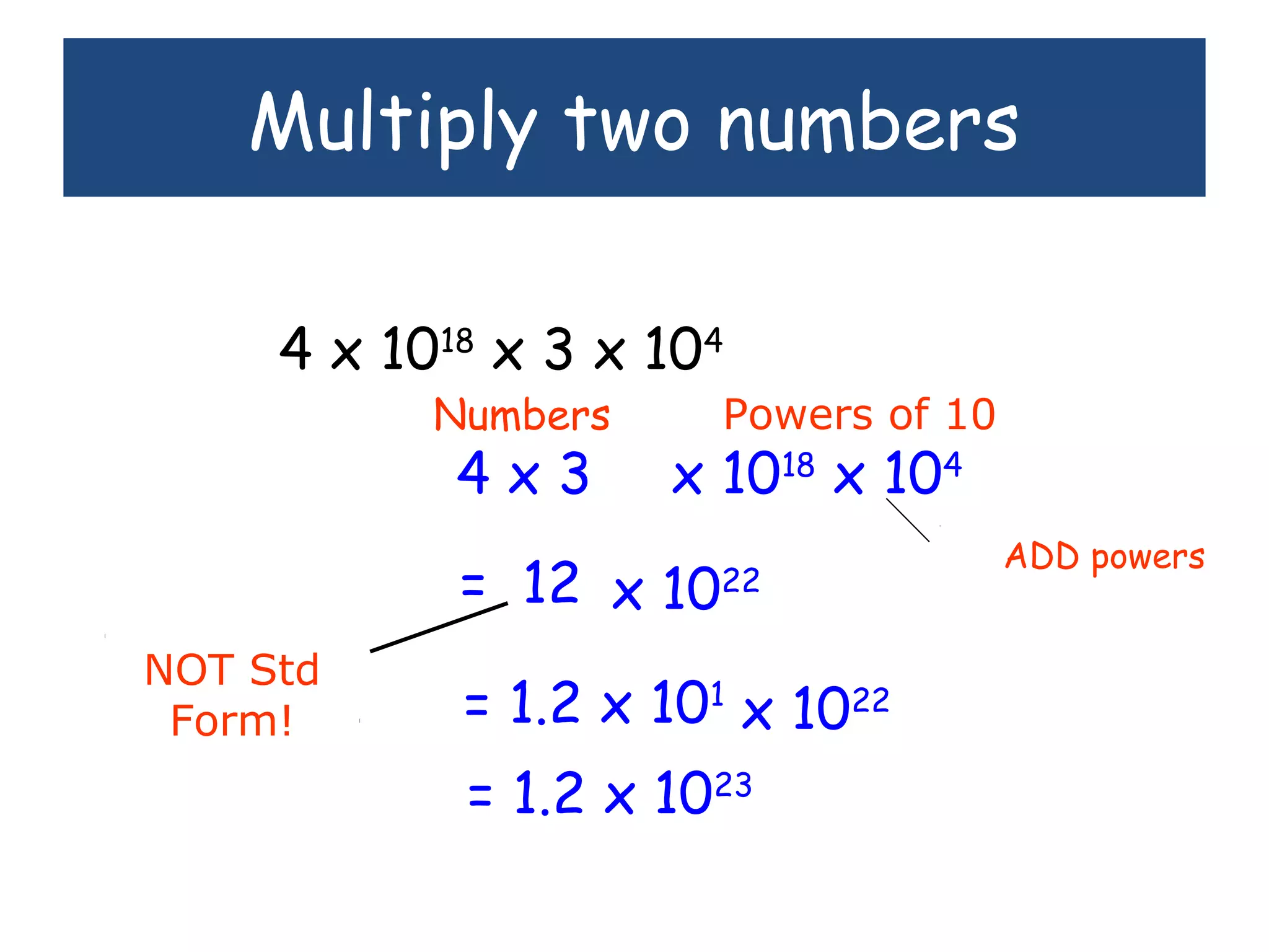 Multiply two numbers
4 x 1018
x 3 x 104
4 x 3 x 1018
x 104
Numbers Powers of 10
= 12 x 1022
ADD powers
= 1.2 x 101
x 1022
= 1.2 x 1023
NOT Std
Form!
 