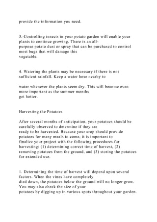 provide the information you need.
3. Controlling insects in your potato garden will enable your
plants to continue growing. There is an all-
purpose potato dust or spray that can be purchased to control
most bugs that will damage this
vegetable.
4. Watering the plants may be necessary if there is not
sufficient rainfall. Keep a water hose nearby to
water whenever the plants seem dry. This will become even
more important as the summer months
get hotter.
Harvesting the Potatoes
After several months of anticipation, your potatoes should be
carefully observed to determine if they are
ready to be harvested. Because your crop should provide
potatoes for many meals to come, it is important to
finalize your project with the following procedures for
harvesting: (1) determining correct time of harvest, (2)
removing potatoes from the ground, and (3) storing the potatoes
for extended use.
1. Determining the time of harvest will depend upon several
factors. When the vines have completely
died down, the potatoes below the ground will no longer grow.
You may also check the size of your
potatoes by digging up in various spots throughout your garden.
 