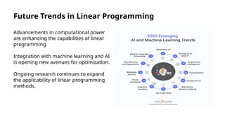 Future Trends in Linear Programming
Advancements in computational power
are enhancing the capabilities of linear
programming.
Integration with machine learning and AI
is opening new avenues for optimization.
Ongoing research continues to expand
the applicability of linear programming
methods.
 