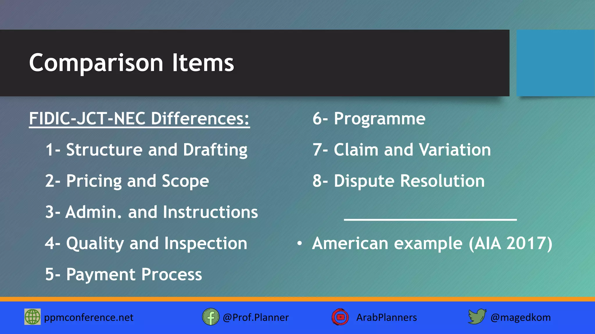 Comparison Items
FIDIC-JCT-NEC Differences:
1- Structure and Drafting
2- Pricing and Scope
3- Admin. and Instructions
4- Quality and Inspection
5- Payment Process
6- Programme
7- Claim and Variation
8- Dispute Resolution
_________________
• American example (AIA 2017)
ppmconference.net @Prof.Planner ArabPlanners @magedkom
 