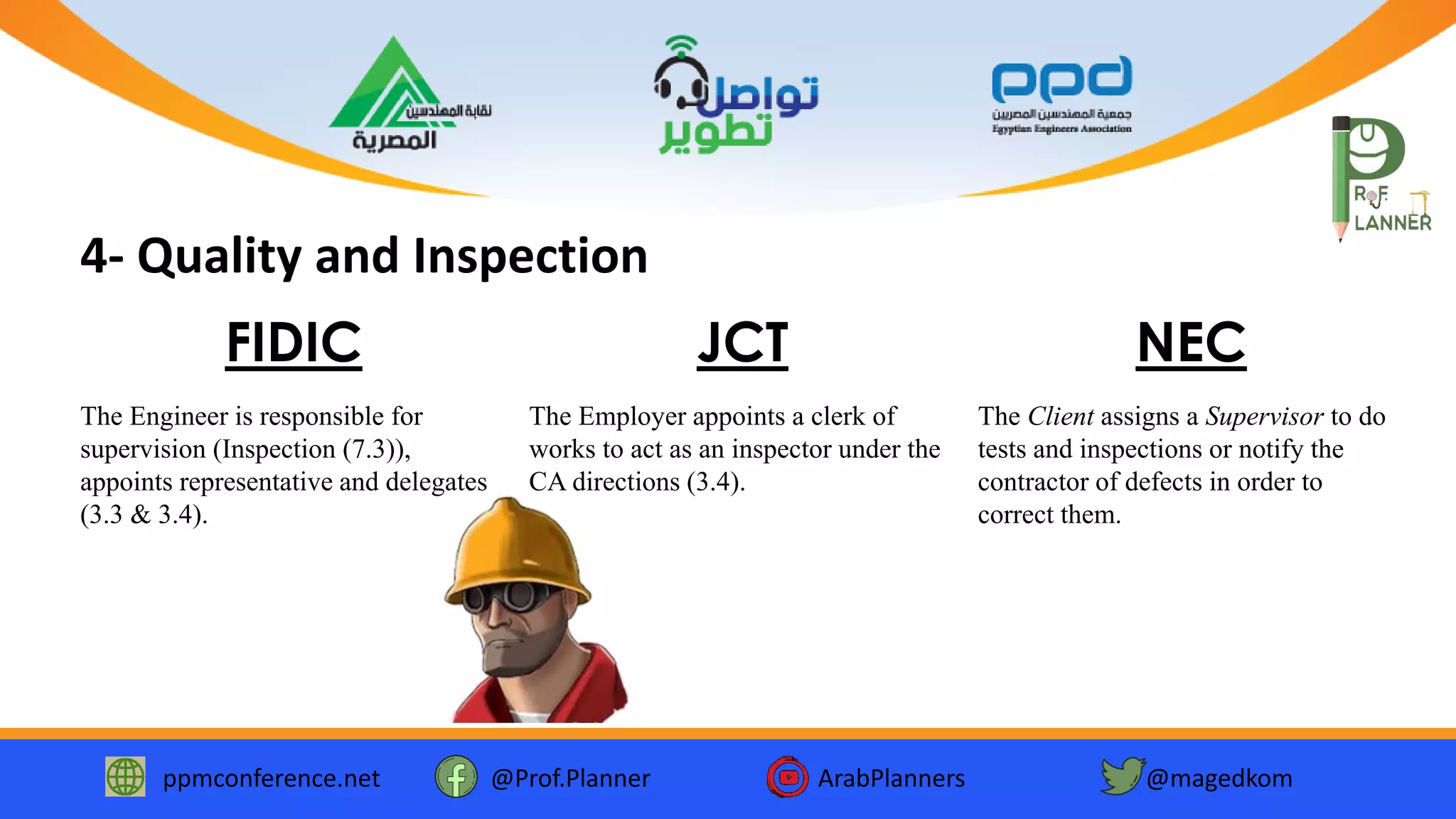 ppmconference.net @Prof.Planner ArabPlanners @magedkom
4- Quality and Inspection
The Engineer is responsible for
supervision (Inspection (7.3)),
appoints representative and delegates
(3.3 & 3.4).
FIDIC
The Employer appoints a clerk of
works to act as an inspector under the
CA directions (3.4).
JCT
The Client assigns a Supervisor to do
tests and inspections or notify the
contractor of defects in order to
correct them.
NEC
 