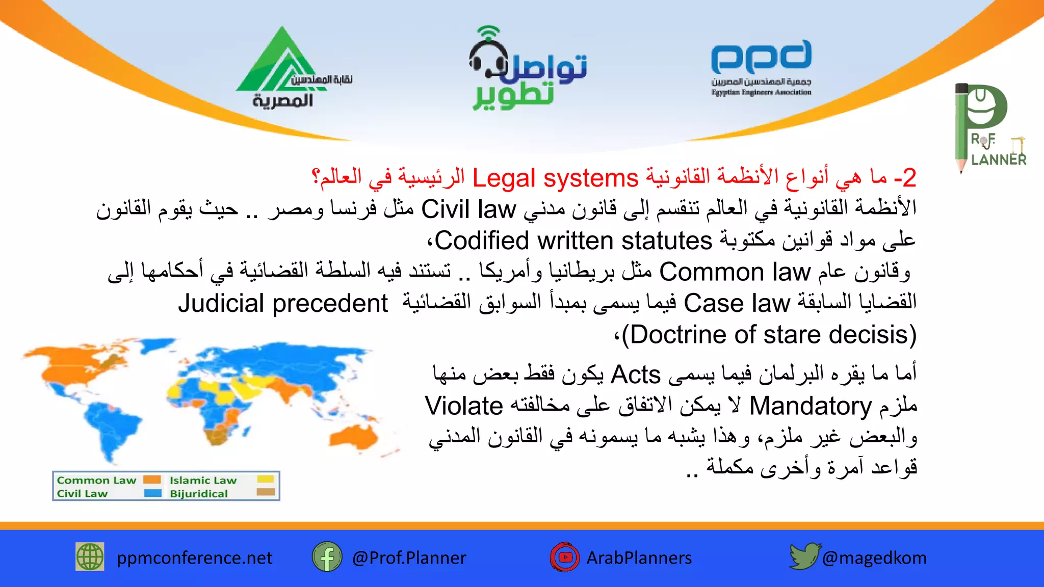ppmconference.net @Prof.Planner ArabPlanners @magedkom
2-‫القانونية‬ ‫األنظمة‬ ‫أنواع‬ ‫هي‬ ‫ما‬Legal systems‫العالم؟‬ ‫في‬ ‫الرئيسية‬
‫مدني‬ ‫قانون‬ ‫إلى‬ ‫تنقسم‬ ‫العالم‬ ‫في‬ ‫القانونية‬ ‫األنظمة‬Civil law‫ومصر‬ ‫فرنسا‬ ‫مثل‬..‫القانون‬ ‫يقوم‬ ‫حيث‬
‫مكتوبة‬ ‫قوانين‬ ‫مواد‬ ‫على‬Codified written statutes،
‫عام‬ ‫وقانون‬Common law‫وأمريكا‬ ‫بريطانيا‬ ‫مثل‬..‫أحك‬ ‫في‬ ‫القضائية‬ ‫السلطة‬ ‫فيه‬ ‫تستند‬‫إلى‬ ‫امها‬
‫السابقة‬ ‫القضايا‬Case law‫القضائية‬ ‫السوابق‬ ‫بمبدأ‬ ‫يسمى‬ ‫فيما‬Judicial precedent
(Doctrine of stare decisis)،
‫يسمى‬ ‫فيما‬ ‫البرلمان‬ ‫يقره‬ ‫ما‬ ‫أما‬Acts‫منها‬ ‫بعض‬ ‫فقط‬ ‫يكون‬
‫ملزم‬Mandatory‫مخالفته‬ ‫على‬ ‫االتفاق‬ ‫يمكن‬ ‫ال‬Violate
‫ال‬ ‫القانون‬ ‫في‬ ‫يسمونه‬ ‫ما‬ ‫يشبه‬ ‫وهذا‬ ،‫ملزم‬ ‫غير‬ ‫والبعض‬‫مدني‬
‫مكملة‬ ‫وأخرى‬ ‫آمرة‬ ‫قواعد‬..
 