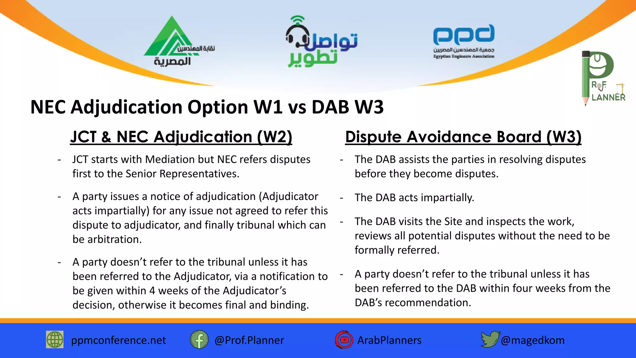 ppmconference.net @Prof.Planner ArabPlanners @magedkom
NEC Adjudication Option W1 vs DAB W3
JCT & NEC Adjudication (W2) Dispute Avoidance Board (W3)
- JCT starts with Mediation but NEC refers disputes
first to the Senior Representatives.
- A party issues a notice of adjudication (Adjudicator
acts impartially) for any issue not agreed to refer this
dispute to adjudicator, and finally tribunal which can
be arbitration.
- A party doesn’t refer to the tribunal unless it has
been referred to the Adjudicator, via a notification to
be given within 4 weeks of the Adjudicator’s
decision, otherwise it becomes final and binding.
- The DAB assists the parties in resolving disputes
before they become disputes.
- The DAB acts impartially.
- The DAB visits the Site and inspects the work,
reviews all potential disputes without the need to be
formally referred.
- A party doesn’t refer to the tribunal unless it has
been referred to the DAB within four weeks from the
DAB’s recommendation.
 