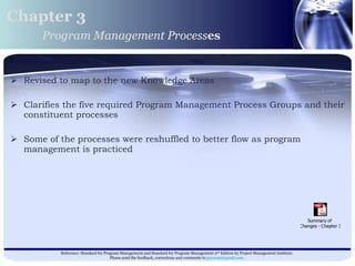 Revised to map to the new Knowledge Areas Clarifies the five required Program Management Process Groups and their constituent processes Some of the processes were reshuffled to better flow as program management is practiced  Chapter 3 Program Management Process es 