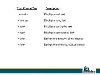 Char Format Tag Description
<small> Displays small text
<strong> Displays strong text
<sub> Displays subscripted text
<sup> Displays superscripted text
<bdo> Defines the direction of text display
<font> Defines the font face, size, and color.
 