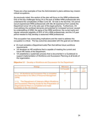 These are a few examples of how the Administration’s plans address key mission
critical occupations.
As previously noted, this section of the plan will focus on the HRM professionals.
One of the key challenges facing VA is the lack of skilled HRM professionals who
understand the complexities of titles 5 and 38. Of note is the fact that, VA cannot
recruit experienced HRM professionals with title 38 experience from outside the
Department since VA is the sole user of this legal authority. Furthermore, VA
must address the workload demands and potential for increased turnover caused
by understaffing of HRM; the aging of the HRM workforce; the current early and
regular retirement eligibility of 50% of VA’s HRM professionals; and the 3-5 year
period needed to fully develop a seasoned HRM professional.
This occupation has crosscutting implications and the need to address this
occupation is critical. The key outcomes associated with this goal are as follows:
● VA must complete a Department-wide Plan that defines future workforce
requirements.
• VA develops an HR workforce that is capable of meeting the current and
future HR needs of the Department.
• VA establishes a systematic process that is documented in a Guidebook to
support implementation of Workforce and Succession Planning at all levels of
the organization.
Objective 3.1 Develop a Workforce and Succession for the Department
Strategy Milestones
6-12 months 2-3
years
4-5
years
3.1.a. VA Workforce and Succession Plan is completed
and transmitted to the Office of Personnel Management
(OPM)
3.1.b. The Department of Veterans Affairs Workforce
and Succession Planning Guide for the Preparation of
Organizational Plans is completed and made
available on the VA Intranet
X
X
24
 