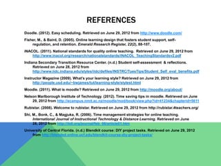 REFERENCES
Doodle. (2012). Easy scheduling. Retrieved on June 29, 2012 from http://www.doodle.com/
Fisher, M., & Baird, D. (2005). Online learning design that fosters student support, self-
    regulation, and retention. Emerald Research Register, 22(2), 88-107.
iNACOL. (2011). National standards for quality online teaching. Retrieved on June 29, 2012 from
    http://www.inacol.org/research/nationalstandards/iNACOL_TeachingStandardsv2.pdf
Indiana Secondary Transition Resource Center. (n.d.) Student self-assessment & reflections.
     Retrieved on June 28, 2012 from
     http://www.iidc.indiana.edu/styles/iidc/defiles/INSTRC/TuesTips/Student_Self_eval_benefits.pdf
Instructor Magazine (2009). What’s your learning style? Retrieved on June 29, 2012 from
     http://people.usd.edu/~bwjames/tut/learning-style/stylest.html
Moodle. (2011). What is moodle? Retrieved on June 29, 2012 from http://moodle.org/about/
Nelson Marlborough Institute of Technology. (2012). Time saving tips in moodle. Retrieved on June
    29, 2012 from http://ecampus.nmit.ac.nz/moodle/mod/book/view.php?id=41234&chapterid=5611
Rubistar. (2008). Welcome to rubistar. Retrieved on June 29, 2012 from http://rubistar.4teachers.org/
Shi, M., Bonk, C., & Magjuka, R. (2006). Time management strategies for online teaching.
     International Journal of Instructional Technology & Distance Learning. Retrieved on June
     28, 2012 from http://itdl.org/journal/feb_06/article01.htm
University of Central Florida. (n.d.) Blendkit course: DIY project tasks. Retrieved on June 29, 2012
    from http://blended.online.ucf.edu/blendkit-course-diy-project-tasks/
 