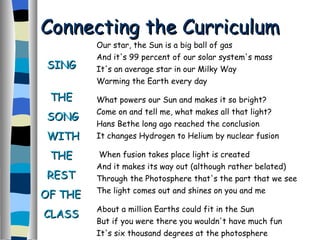 Our star, the Sun is a big ball of gas And it's 99 percent of our solar system's mass  It's an average star in our Milky Way  Warming the Earth every day  What powers our Sun and makes it so bright?  Come on and tell me, what makes all that light?  Hans Bethe long ago reached the conclusion It changes Hydrogen to Helium by nuclear fusion When fusion takes place light is created And it makes its way out (although rather belated) Through the Photosphere that's the part that we see  The light comes out and shines on you and me  About a million Earths could fit in the Sun But if you were there you wouldn't have much fun  It's six thousand degrees at the photosphere  And much hotter inside the solar atmosphere  Connecting the Curriculum  SING  THE SONG WITH THE REST OF THE CLASS 