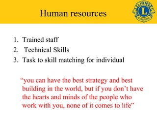 Human resources 
1. Trained staff 
2. Technical Skills 
3. Task to skill matching for individual 
“you can have the best strategy and best 
building in the world, but if you don’t have 
the hearts and minds of the people who 
work with you, none of it comes to life” 
 