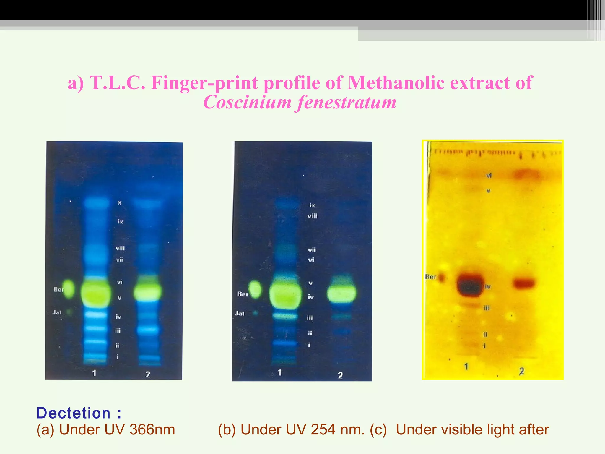 a) T.L.C. Finger-print profile of Methanolic extract of
Coscinium fenestratum
Dectetion :
(a) Under UV 366nm (b) Under UV 254 nm. (c) Under visible light after
 