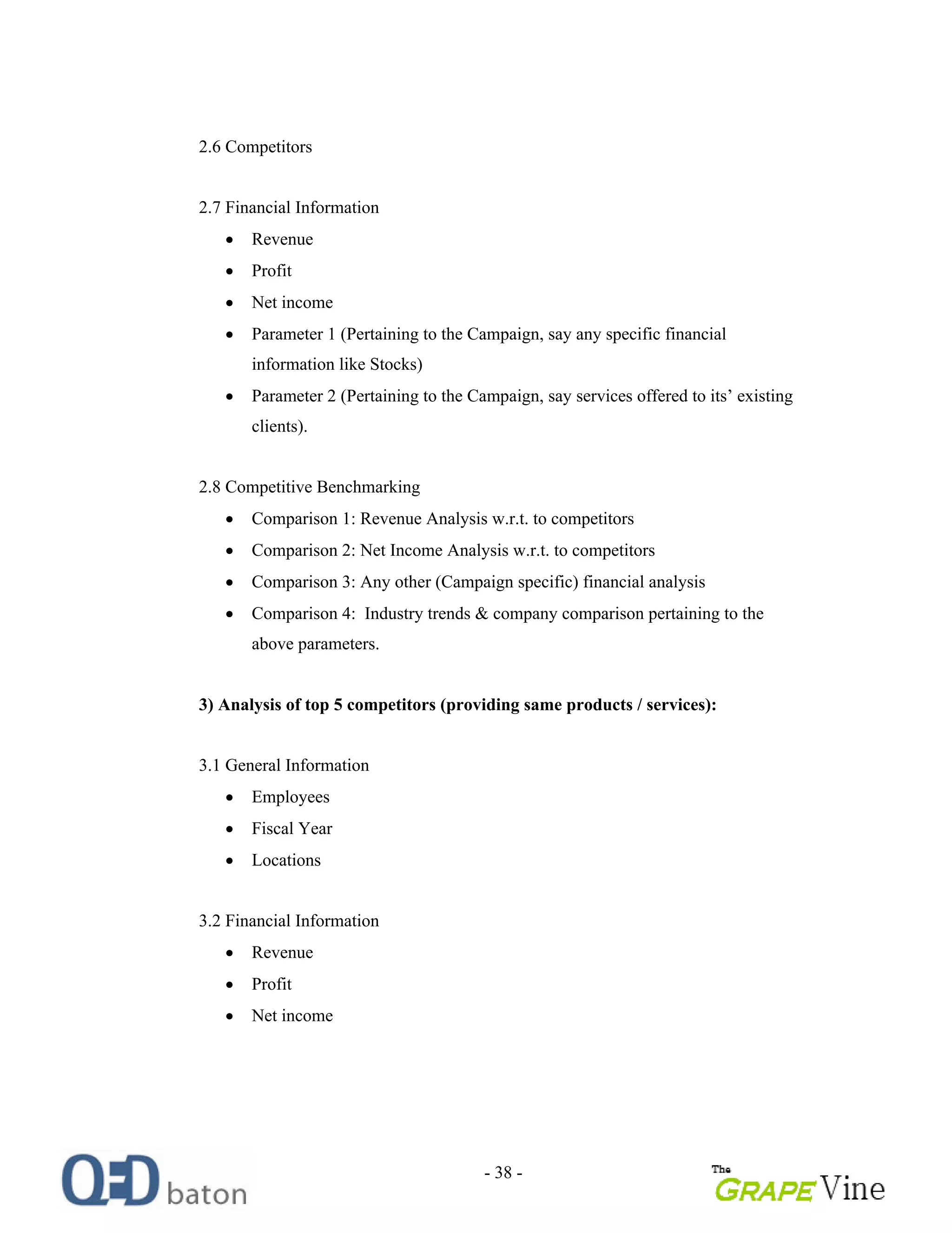 - 38 -
2.6 Competitors
2.7 Financial Information
Revenue
Profit
Net income
Parameter 1 (Pertaining to the Campaign, say any specific financial
information like Stocks)
Parameter 2 (Pertaining to the Campaign, say services offered to its existing
clients).
2.8 Competitive Benchmarking
Comparison 1: Revenue Analysis w.r.t. to competitors
Comparison 2: Net Income Analysis w.r.t. to competitors
Comparison 3: Any other (Campaign specific) financial analysis
Comparison 4: Industry trends & company comparison pertaining to the
above parameters.
3) Analysis of top 5 competitors (providing same products / services):
3.1 General Information
Employees
Fiscal Year
Locations
3.2 Financial Information
Revenue
Profit
Net income
 