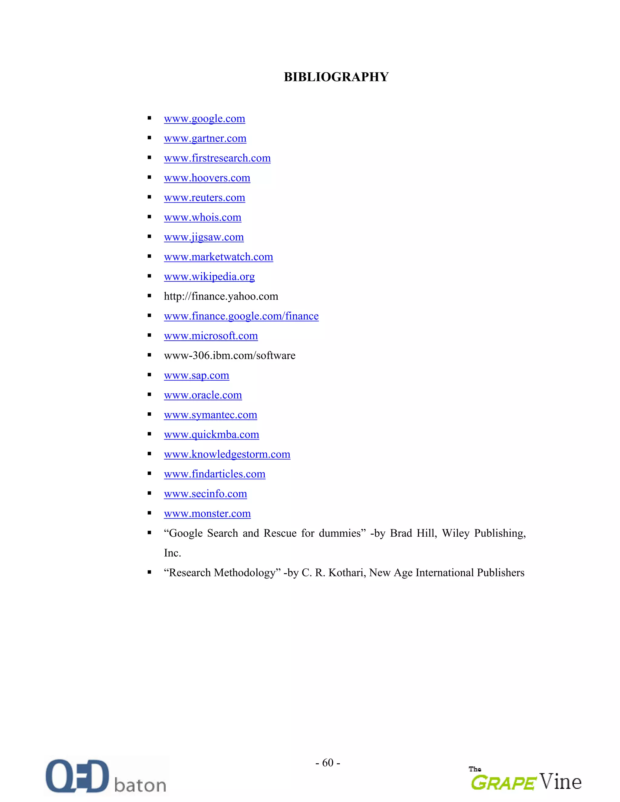 - 60 -
BIBLIOGRAPHY
www.google.com
www.gartner.com
www.firstresearch.com
www.hoovers.com
www.reuters.com
www.whois.com
www.jigsaw.com
www.marketwatch.com
www.wikipedia.org
http://finance.yahoo.com
www.finance.google.com/finance
www.microsoft.com
www-306.ibm.com/software
www.sap.com
www.oracle.com
www.symantec.com
www.quickmba.com
www.knowledgestorm.com
www.findarticles.com
www.secinfo.com
www.monster.com
Google Search and Rescue for dummies -by Brad Hill, Wiley Publishing,
Inc.
Research Methodology -by C. R. Kothari, New Age International Publishers
 