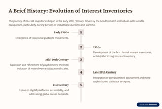 A Brief History: Evolution of Interest Inventories
The journey of interest inventories began in the early 20th century, driven by the need to match individuals with suitable
occupations, particularly during periods of industrial expansion and wartime.
1
Early 1900s
Emergence of vocational guidance movements.
2 1920s
Development of the first formal interest inventories,
notably the Strong Interest Inventory.
3
Mid-20th Century
Expansion and refinement of psychometric theories;
inclusion of more diverse occupational scales.
4 Late 20th Century
Integration of computerised assessment and more
sophisticated statistical analyses.
5
21st Century
Focus on digital platforms, accessibility, and
addressing global career demands.
 