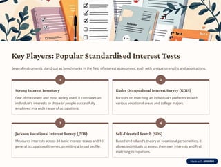 Key Players: Popular Standardised Interest Tests
Several instruments stand out as benchmarks in the field of interest assessment, each with unique strengths and applications.
1
Strong Interest Inventory
One of the oldest and most widely used, it compares an
individual's interests to those of people successfully
employed in a wide range of occupations.
2
Kuder Occupational Interest Survey (KOIS)
Focuses on matching an individual's preferences with
various vocational areas and college majors.
3
Jackson Vocational Interest Survey (JVIS)
Measures interests across 34 basic interest scales and 10
general occupational themes, providing a broad profile.
4
Self-Directed Search (SDS)
Based on Holland's theory of vocational personalities, it
allows individuals to assess their own interests and find
matching occupations.
 