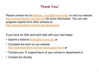 Thank You!
17
Please contact me at kathleen_stuart@harvard.edu or visit our website
http://standardisites.harvard.edu for more information. You can see
progress reports from other schools at
http://standardisites.harvard.edu/dashboard.
If you have an iSite and want help with your next steps:
• Submit a ticket to ithelp@harvard.edu or
• Complete the form on our website
http://standardisites.harvard.edu/support-form or
• Contact your IT support team at your school or department or
• Contact me directly
 