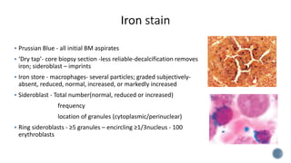  Prussian Blue - all initial BM aspirates
 ‘Dry tap’- core biopsy section -less reliable-decalcification removes
iron; sideroblast – imprints
 Iron store - macrophages- several particles; graded subjectively-
absent, reduced, normal, increased, or markedly increased
 Sideroblast - Total number(normal, reduced or increased)
frequency
location of granules (cytoplasmic/perinuclear)
 Ring sideroblasts - ≥5 granules – encircling ≥1/3nucleus - 100
erythroblasts
 