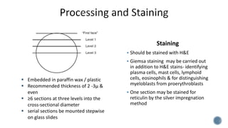 Staining
 Should be stained with H&E
 Giemsa staining may be carried out
in addition to H&E stains- identifying
plasma cells, mast cells, lymphoid
cells, eosinophils & for distinguishing
myeloblasts from proerythroblasts
 One section may be stained for
reticulin by the silver impregnation
method
 Embedded in paraffin wax / plastic
 Recommended thickness of 2 -3µ &
even
 ≥6 sections at three levels into the
cross-sectional diameter
 serial sections be mounted stepwise
on glass slides
 